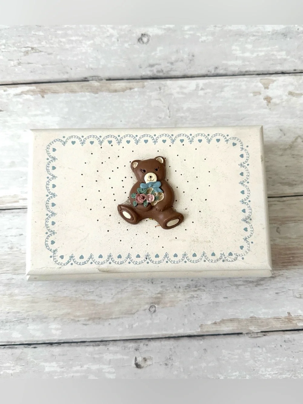 Teddy Bear Wooden Jewelry Trinket Box with Lid Velvet Lined White Baby Blue
